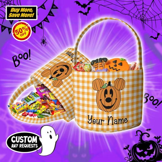 Discover Custom Disney Halloween Mickey Pumpkin Head Basket, Mickey Halloween Christmas Bag, Kids Pumpkin Bucket, Fabric Halloween Bag