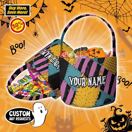 Discover Custom Disney Halloween Sally Pattern Basket, The Nightmare Before Christmas Bag, Kids Pumpkin Bucket, Fabric Halloween Bag