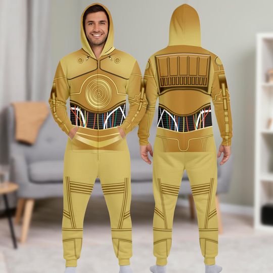 C3-PO Cosplay Costume Halloween Jumpsuit, Star Wars C3PO Hoodie, Tracksuit 3D All Over Printed Pajamas, Starwars Warrior Inspired Outfit