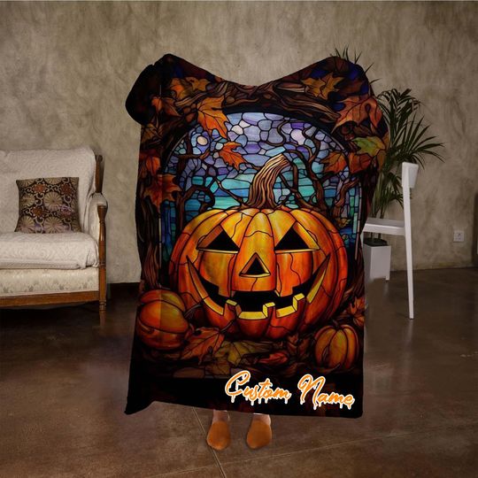 Discover Custom Name Pumpkin Blanket, Funny Spooky Halloween Blanket, Personalized Black Blanket, Fall Home Decor, Halloween Party Gifts.
