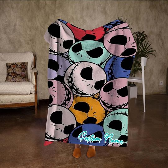 Discover Custom Name Colorful Skull Blanket, Funny Halloween Blanket, Personalized Blanket, Fall Home Decor, Halloween Party Gifts.