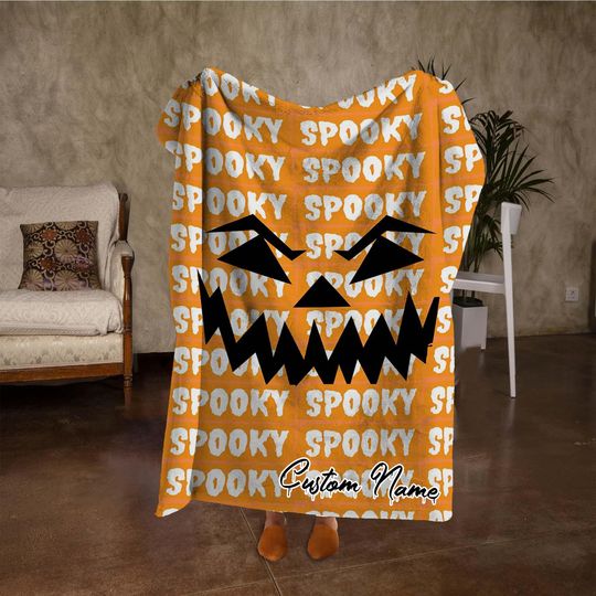 Discover Custom Name Spooky Pumpkin Blanket, Funny Horror Halloween Blanket, Personalized Orange Blanket, Fall Home Decor, Halloween Party Gifts.