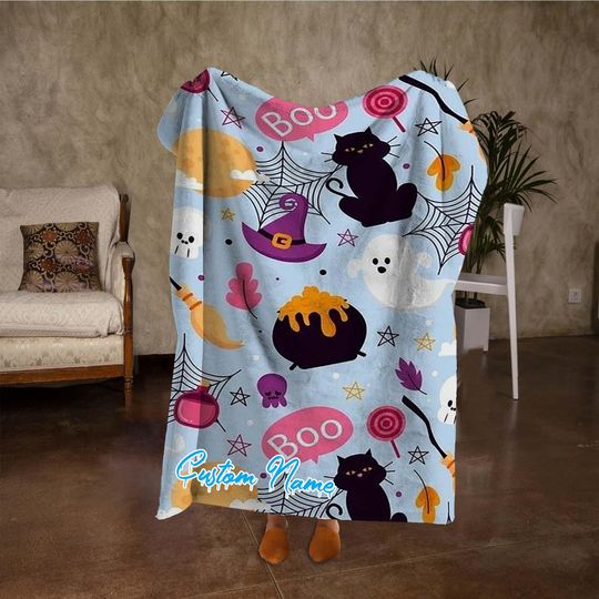 Discover Custom Name Honey Pot Blanket, Funny Ghost Black Cat Candy Halloween Blanket, Personalized Blue Blanket, Fall Home Decor, Halloween Gifts.