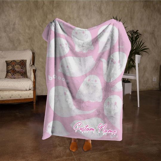 Discover Custom Name Cute Ghost Blanket, Funny Halloween Blanket, Personalized Pink Blanket, Fall Home Decor, Halloween Party Gifts.