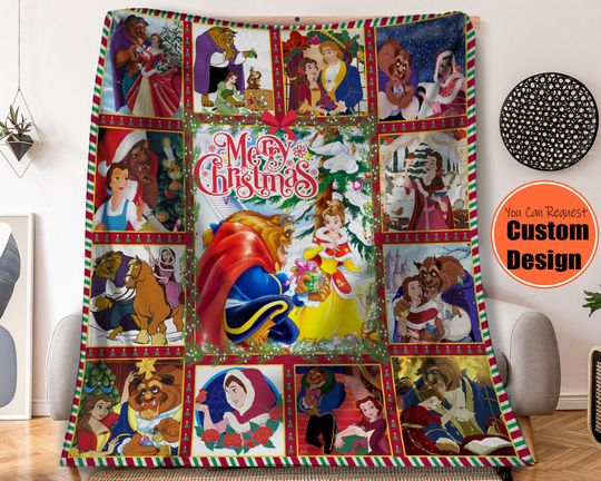 Discover Beauty And The Beast Merry Christmas Fleece Blanket, Belle Princess Adam Prince, Disney Throw Blanket For Kid Baby Adults, Disney Xmas Gift