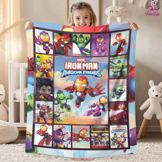 Iron Man and Friends Fleece Blanket, MCU Superhero Blanket, Christmas Gift for Kids