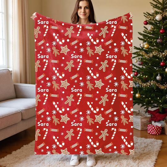 Discover Custom Name Xmas Blanket - Personalised Gingerbread Biscuit Sweets Cane Soft Throw Blanket, Home Decor Christmas Gift for Kid Family Friend