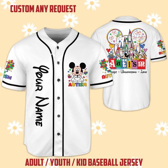 Custom Autism Awareness Baseball Jersey - Accept Understand Love Shirt - Support Autism, Mickey Autism Jersey- Neurodiversity Awareness