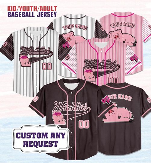Custom Disney Gravity Falls Waddles Pink, Custom Kids Youth Adult Disneyland Baseball Jersey Team Outfits Family Matching Birthday Fan Gifts