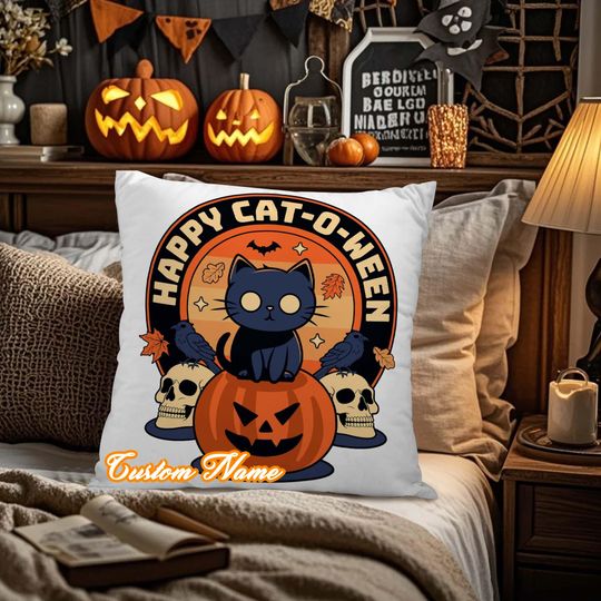 Discover Personalized Halloween Throw Pillow Cover, Happy Cat-o-ween, Custom Pillowcases for Sofa Bedroom, Halloween Pillow Gift.