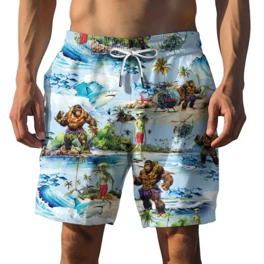 Tropical Bigfoot Alien Hawaiian Shorts For Men Shark Summer Beach Swim Trunks