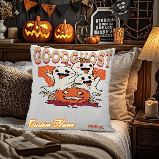 Discover Personalized Halloween Throw Pillow Cover, Good Ghost Pumpkin, Custom Pillowcases for Sofa & Bedroom, Halloween Pillow Gift, Home Decor.