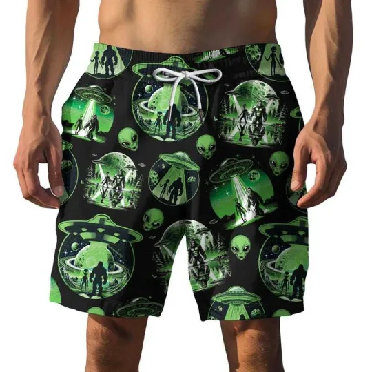 Discover Funny Bigfoot Alien Hawaiian Shorts For Men UFO Sasquatch Swim Trunks Hawaiian