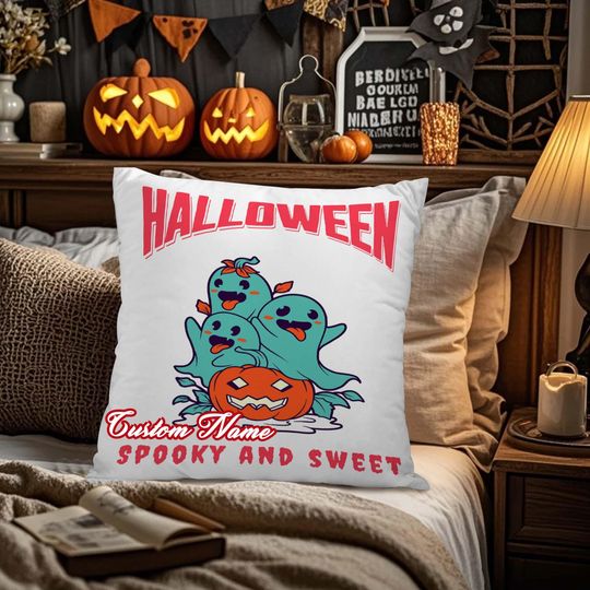 Discover Personalized Halloween Throw Pillow Cover, Halloween Spooky and Sweet, Custom Pillowcases for Sofa & Bedroom, Halloween Pillow Gift.