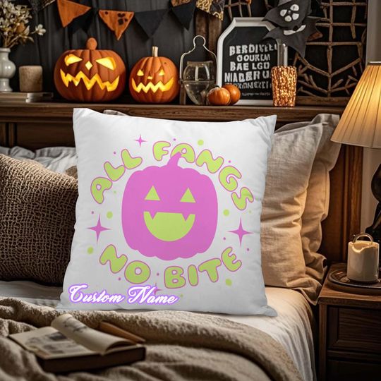 Discover Personalized Halloween Throw Pillow Cover, All Fangs No Bite, Custom Pillowcases for Sofa & Bedroom, Halloween Pillow Gift.