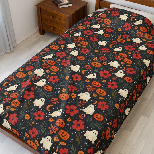 Discover Spooky Floral Velveteen Plush Blanket, Cozy Fall Decor, Halloween Gift, Ghosts and Pumpkins Design, Home Comfort, Seasonal Throw