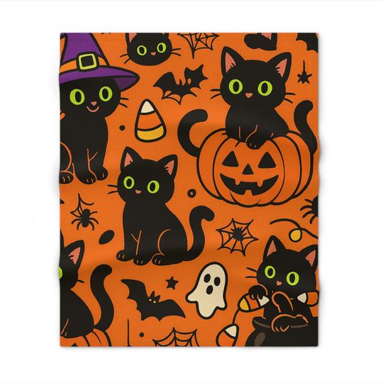 Discover Cozy Halloween Throw Blanket, Cat Print Blanket, Spooky Decor, Fall Home Accessories, Perfect for Halloween Night