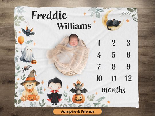 Discover Cute Halloween Milestone Blanket, Vampire Bat Custom Name Blanket, Monthly Baby Growth Tracker Blanket, Goth Nursery Decor, New Mum Gift