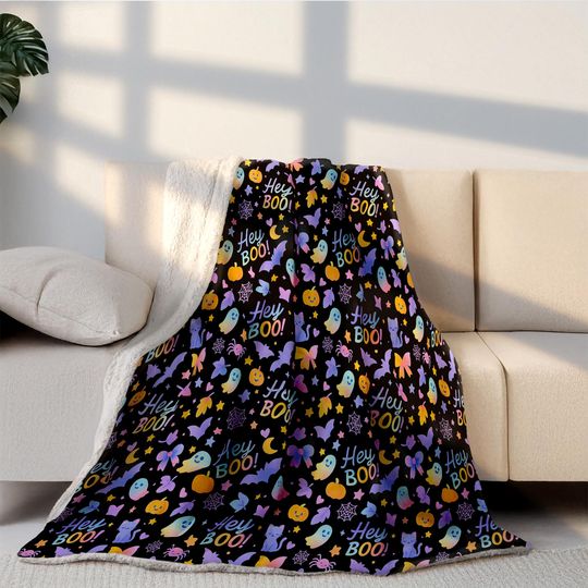 Discover Hey Boo! Halloween Sherpa Blanket,  Soft Spooky Coquette Throw on Black Background, Pastel Ghost Cozy Fleece Gift, Cute Halloween Home Decor