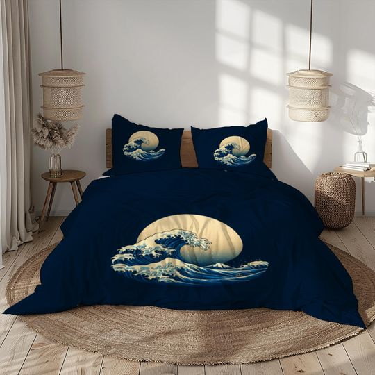 Great Wave Bedding Set with Full Moon Print