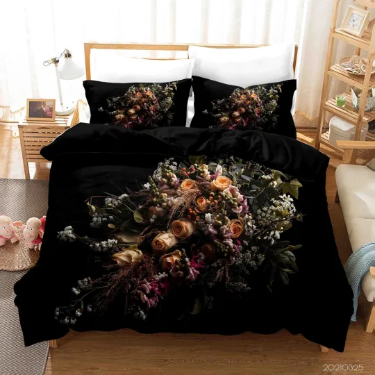 Discover 3D Bouquet Rose Floral Leaves Black Quilt Cover Set Bedding Set with Pillowcases