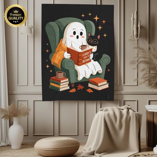 Whimsy Ghost and Black Cat Throw Blanket, Spooky Halloween Cottagecore Decor, Ghost Blanket, Cozy Season Blanket Fall Gift Black Cat Blanket