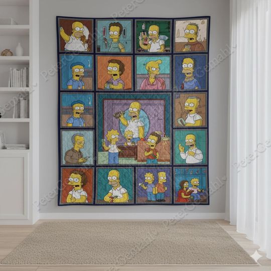 Discover The Simpsons Family Quilt Blanket, Funny Cartoon Bedding Quilt, Cozy TV Show Throw, Vintage Simpsons Bedspread, Decor, Gift for Cartoon Fans