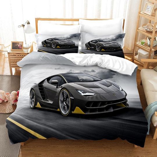 Discover 3D Car Duvet Cover Set, Road Quilt Cover, Sky Cloud Bedding Set, Grey Twin, Yellow Bedding