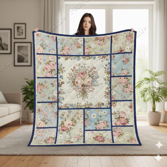 Discover Floral Quilt Blanket, Flower Bedding Throw, Handmade Cozy Blanket, Bedroom Decor Quilt, Boho Home Decor, Gift for Her