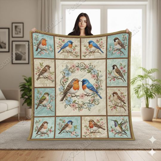 Discover Bird and Floral Quilt Blanket, Handmade Flower Bedding Throw, Cozy Bedroom Decor, Boho Home Blanket, Gift for Bird Lovers