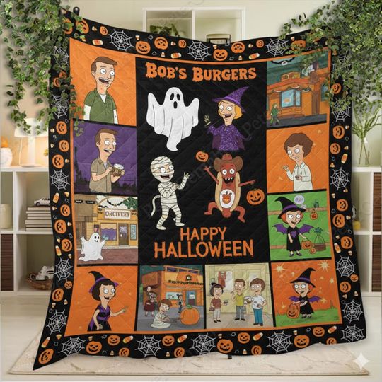 Bob's Burgers Halloween Quilt Blanket, Bob's Burgers Blanket, Bedding Blanket,Personalized Halloween Blanket