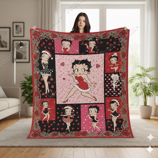 Discover Betty Boop Christmas Quilt Blanket, Vintage Cartoon Bedding Throw, Retro Holiday Blanket, Cozy Gift for Family & Loved Ones
