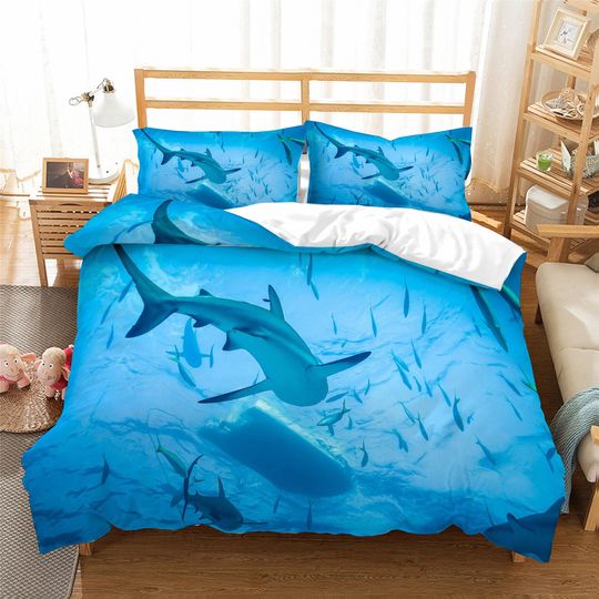 Discover 3D Shark Duvet Cover Set, Whale Quilt Cover, Fish Bedding Set, Blue Doona Cover, White Twin Bedding