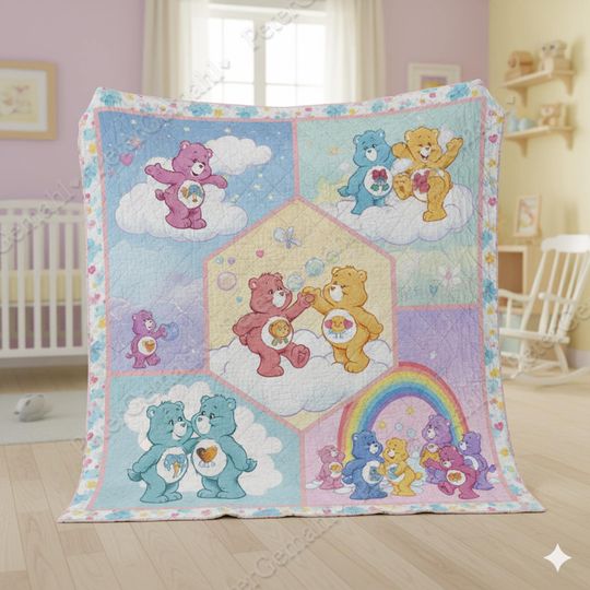 Discover Care Bears Quilt Blanket, Cute Cartoon Throw, Kids Room Bedding, Rainbow Care Bears Blanket, Cozy Cartoon Quilt, Cartoon Character Gift