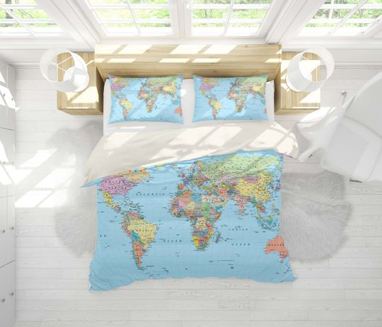 Discover 3D World Map Duvet Covers Set, Detailed Quilt Cover, Blue Sea Bedding Set, Land Doona Cover, Tradition Queen Bedding, Map King Bedding