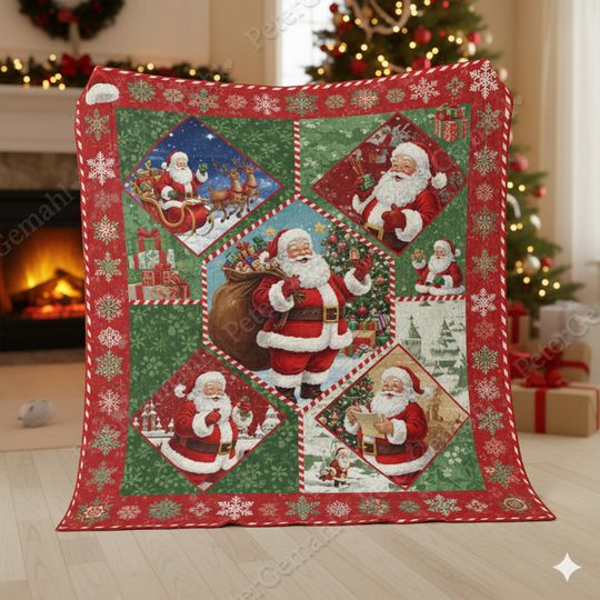 Santa Christmas Quilt Blanket, Cozy Holiday, Christmas Bedding, Kids Room Decor, Festive Santa Blanket, Xmas Gif