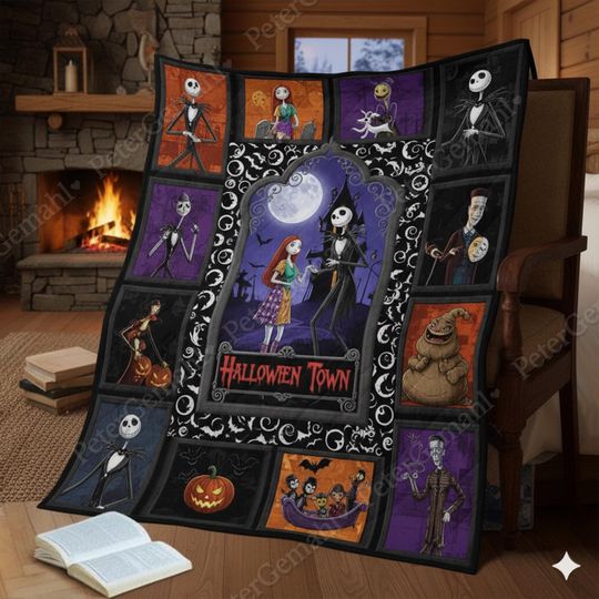 Jack Skellington Halloween Town Quilt Blanket, Nightmare Before Christmas, Spooky Cozy Blanket, Kids Room Decor, Tim Burton Blanket