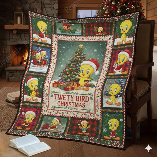 Tweety Bird Christmas Quilt Blanket, Holiday Cartoon, Cozy Xmas Bedding, Kids Room Decor, Looney Tunes Christmas Gift
