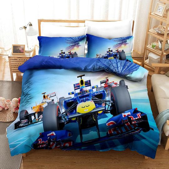 Discover 3D Car Bedding Set, Racing Quilt Cover, Track Duvet Cover, Blue, Yellow, Red Twin Bed Set