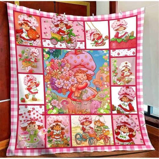 Strawberry Shortcake Cartoon Quilt Blanket, Lover Strawberry Shortcake Blanket, Halloween Blanket, Christmas Blanket