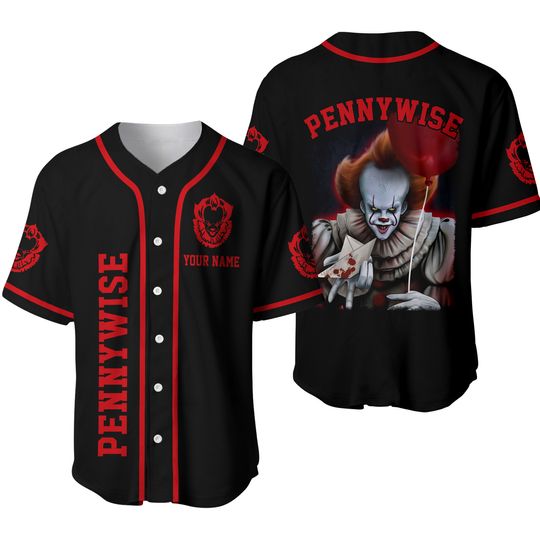 Personalized Pennywise Baseball Jersey, Halloween Movie Baseball Shirt, Horror Clown Jersey, Scary Movie Shirt, Spooky Season