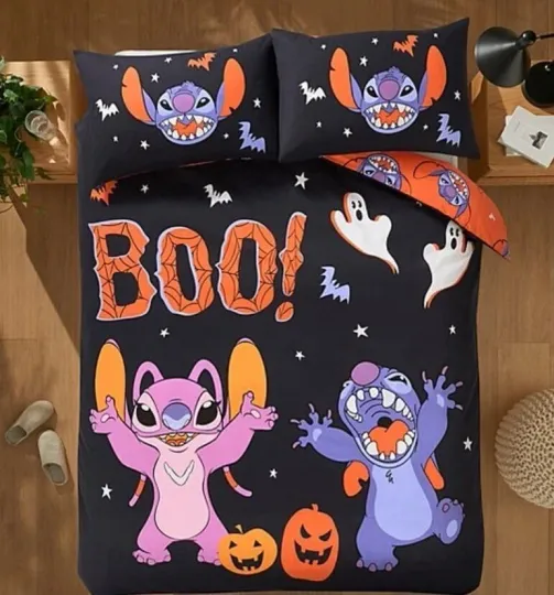 Discover Disney Stitch & Angel Halloween Black Duvet Set King Bedding Bedroom Brand New