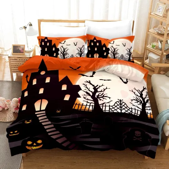 Discover 3D Halloween Castle Bat Quilt Cover Set Bedding Sets Pillowcases