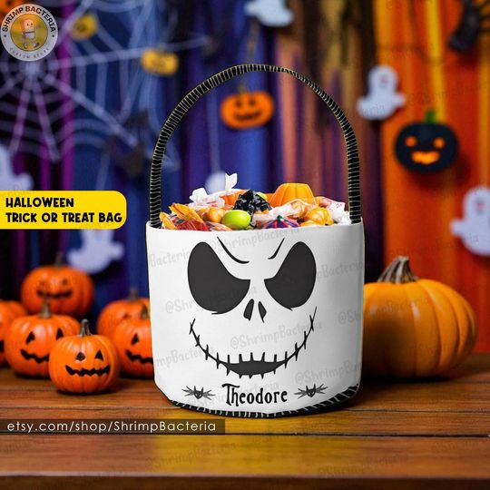 Custom Halloween Jack Skellington Trick Or Treat Basket Name/ Nightmare Before Christmas Bucket/ Oogie Boogie Halloween School Family Party