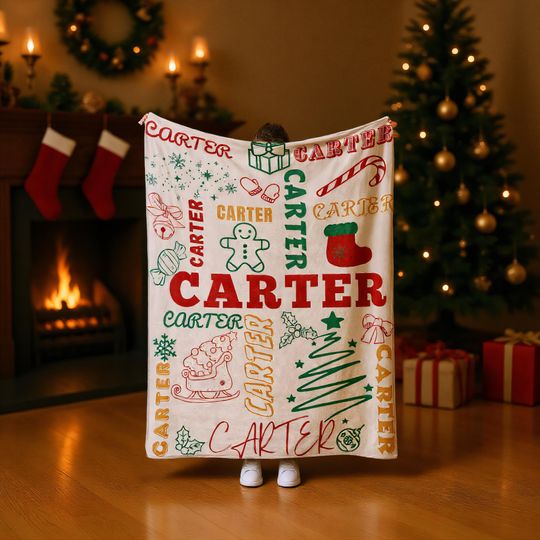 Discover Custom Christmas Name Blanket  Personalized Holiday Throw with Vintage Text Design, Xmas Gift for Family or Kids