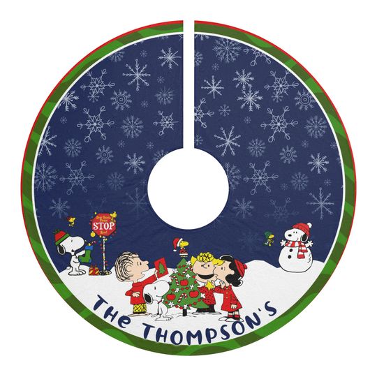 Discover Personalized Christmas Tree Skirt | Custom Family Name Holiday Decor | Cute Retro Cartoon Style | Winter Snowflake Tree Decoration Gift