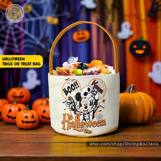 Discover Personalized Mickey Minnie Skeleton Halloween Basket, Custom Name & Character Trick or Treat Basket, Mickey Halloween Bag, Halloween Gifts