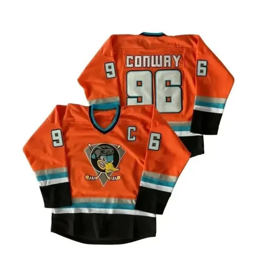 Men Mighty Duck Conway #96 Hockey Jersey Movie Orange Sewn