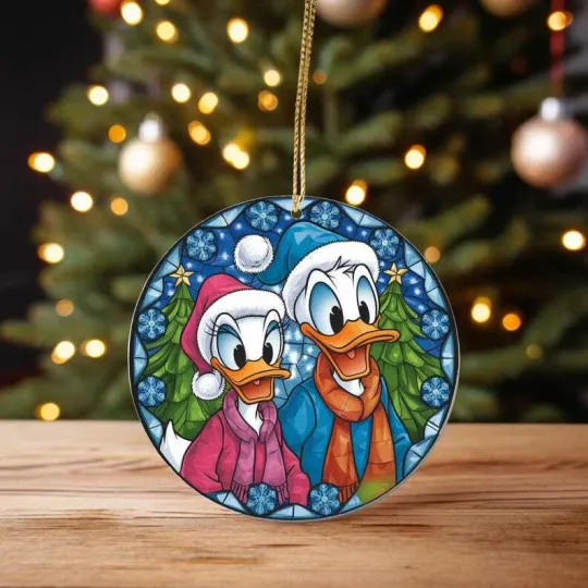 Donald And Daisy Duck Stained Glass Christmas 2025 Holiday Circle Ornament