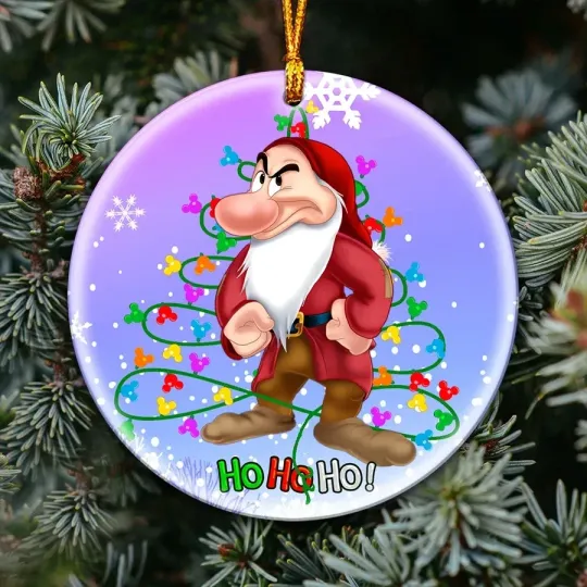 Grumpy Dwarf Xmas Color Lights Ho Ho Ho Merry Christmas Circle Ornament